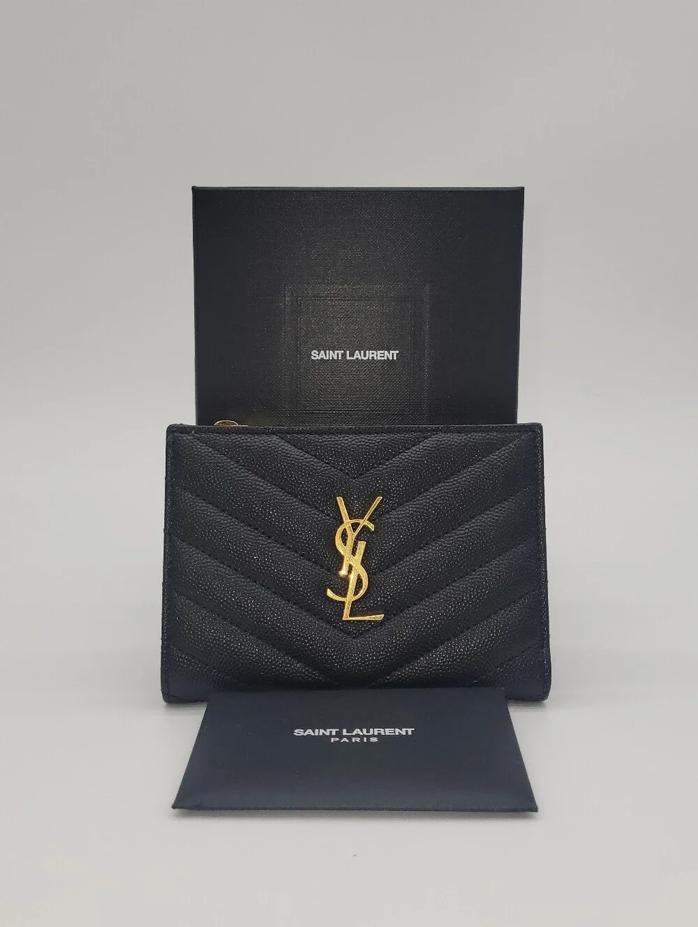 NWOTs! Saint Laurent Black Cheveron Quilted Pebbked Leather Bi- Fold Wallet - Picture 1 of 9